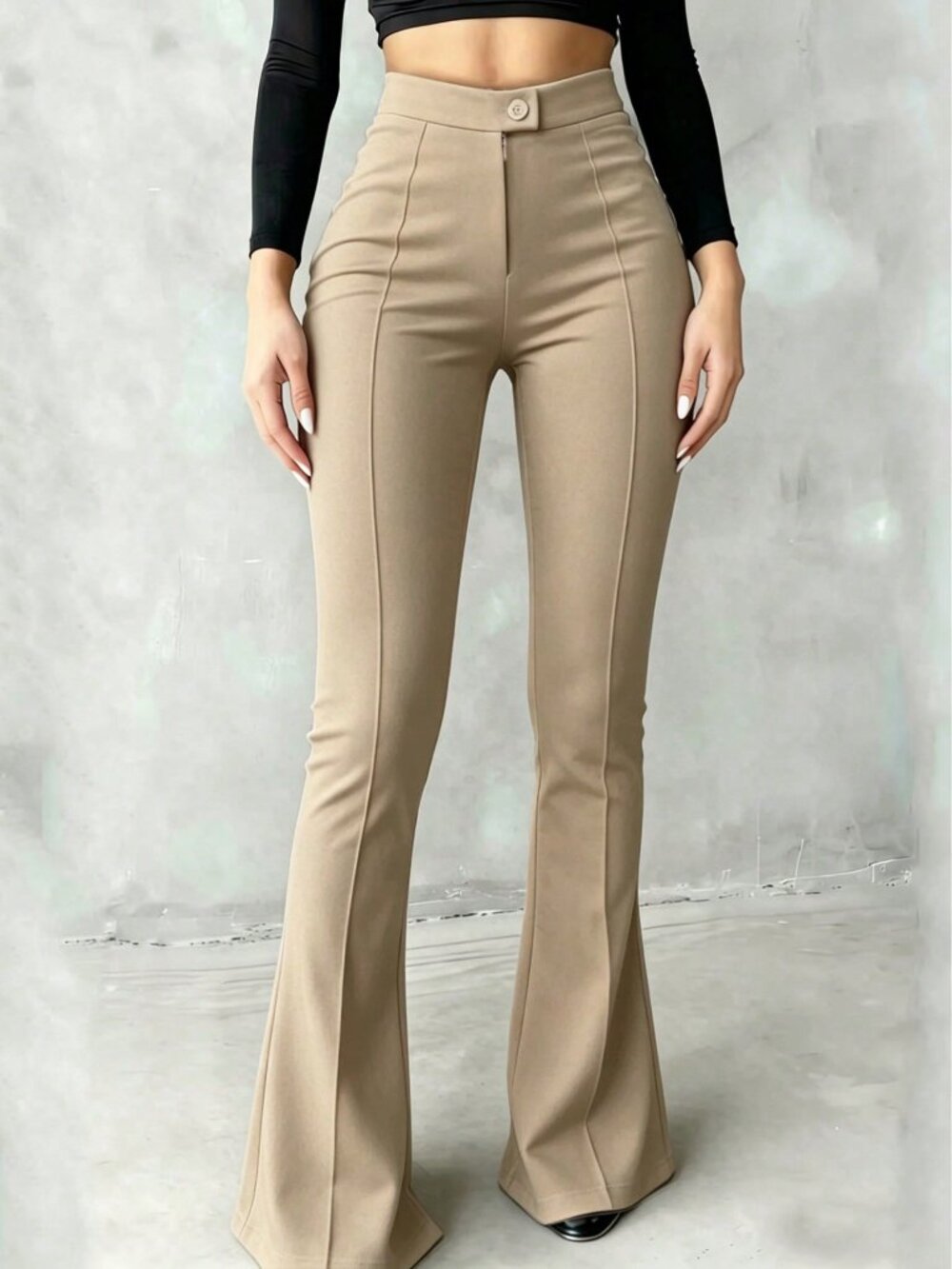 Khaki Elegant Women's Long Flare Pants